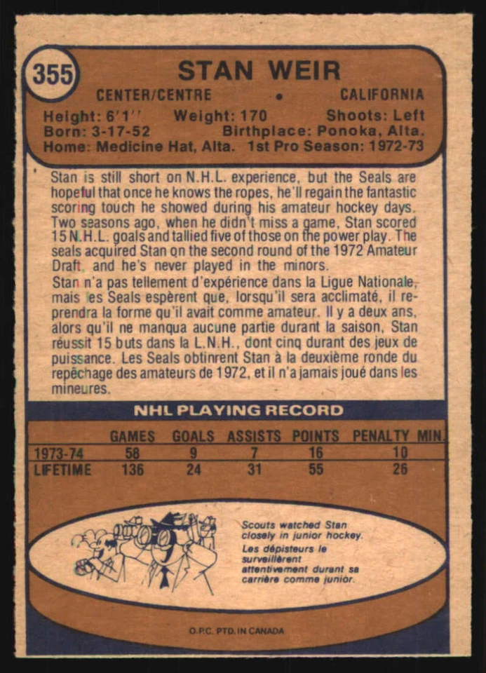1974-75 O-Pee-Chee #355 Stan Weir VGEX RC Rookie Seals 603258 - Image 2 of 2