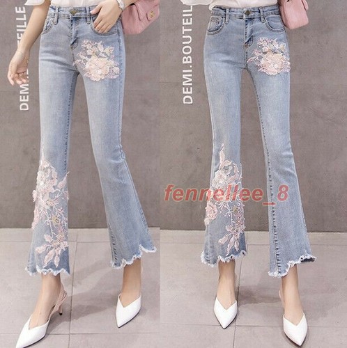 Women Sweet Flower Jeans Female Harajuku Style Beaded Lace Jeans Pants - Picture 10 of 15