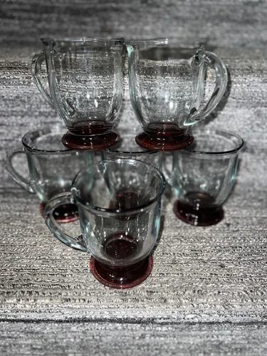 Anchor Hocking Café Red Foot Base Glass Irish Cream Coffee Pedestal Mug Cup Vtg