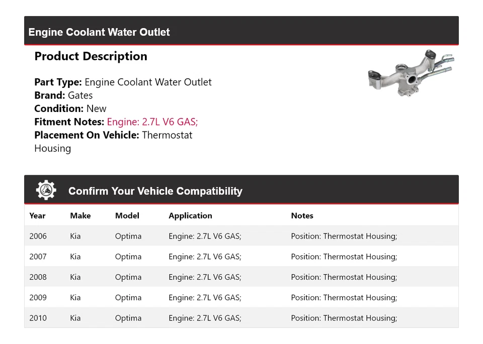 Para Kia Optima 2006-2010 Motor Refrigerante Salida de Agua Termostato Carcasa Puertas Foto 2 de 4