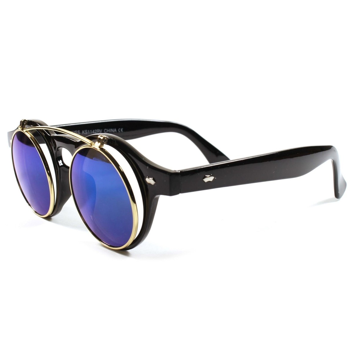 Flip Up Mirrored Blue Lens 80s 70s Vintage Retro Mens Womens Round