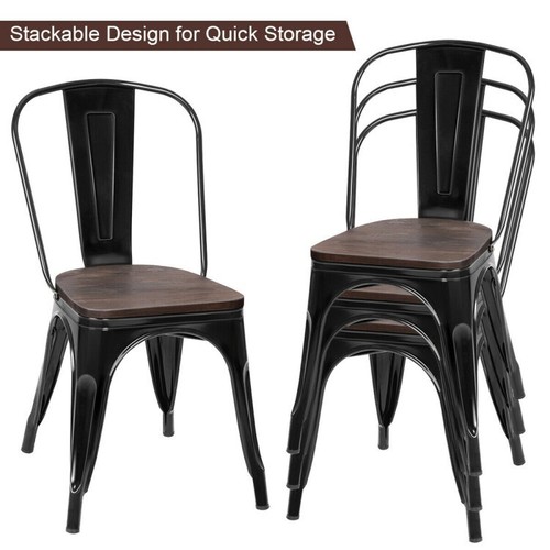 Set of 4 Stackable Metal Dining Chair 18" Kitchen Heavy Duty Stools W/Wood Seats - Picture 2 of 13