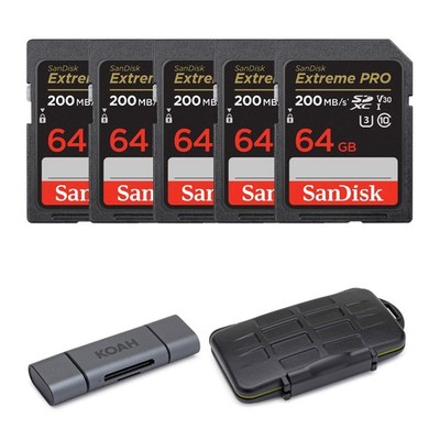 SanDisk 64GB (5-Pack) Extreme PRO Memory Card with Storage Case, Card Reader