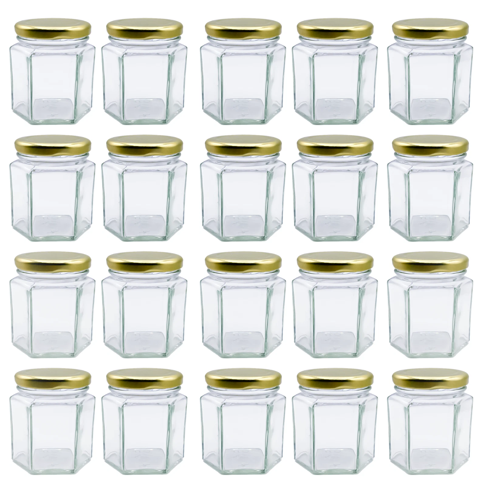 20 x 110ml 4oz Hexagonal Glass Jars with Gold Lids – Airtight Storage Preserves