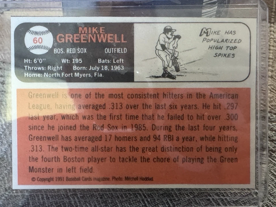 1991 B.B. REVISTA DE TARJETAS RÉPLICA #60 MIKE GREENWELL corte a mano graduable como nuevo o apuesta Foto 2 de 2