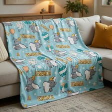 Custom Name Flying Elephant Flannel Blanket Cute Baby Gift Cozy