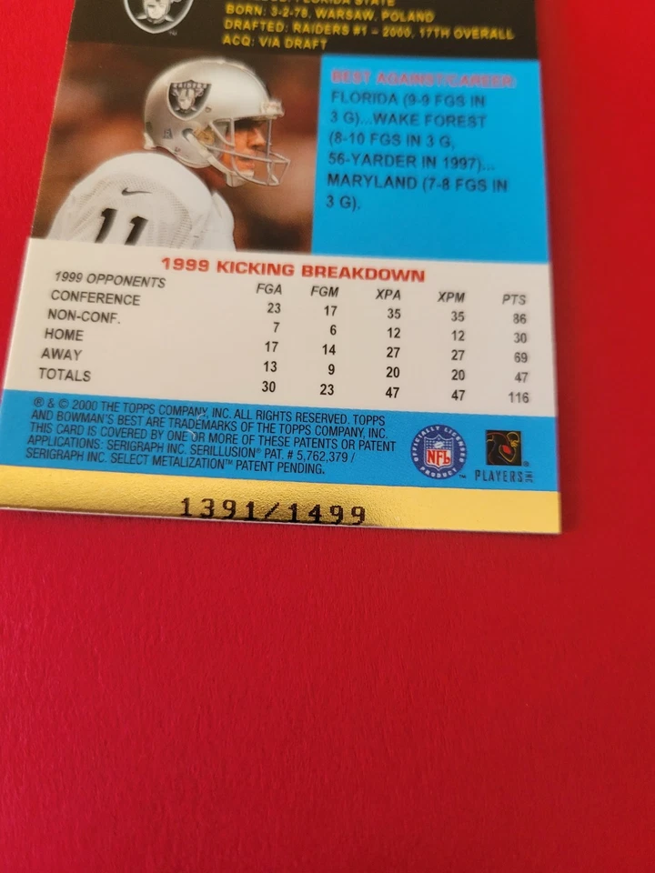 2000 Bowman's Best - Sebastian Janikowski #134 /1499 RC - Image 4 of 4