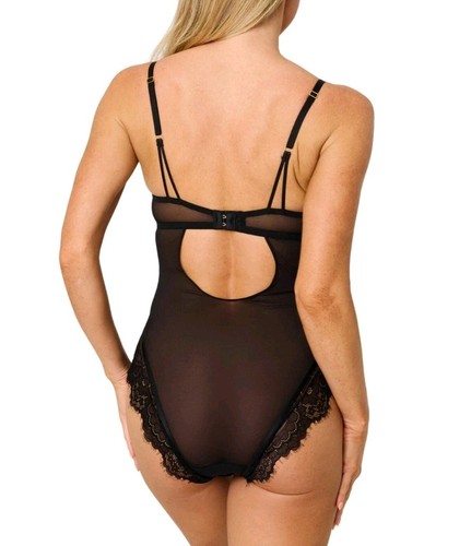 Black Lace Mesh Push Up Bodysuit By Emerson - Size 12 - Sheer, Padded Bra - Picture 2 of 3