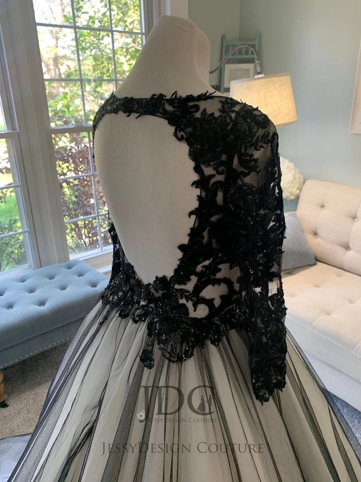 Gothik Langarm Spitze Schwarz Ivory Brautkleid Hochzeitskleid 32-60 Rückenfrei - Bild 3 von 4