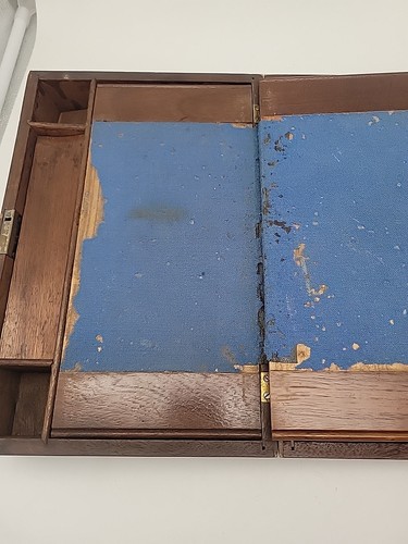 READ Antique Wood Travel Writing Lap Desk Document Box Brass Blue - Picture 13 of 22