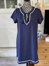 Lands End Dress Women's Medium Shift Blue crochet detail V-neck Stretch Casual