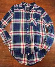 American Eagle Boyfriend Shirt Medium Blue Purple Plaid Viscose Button Down Top