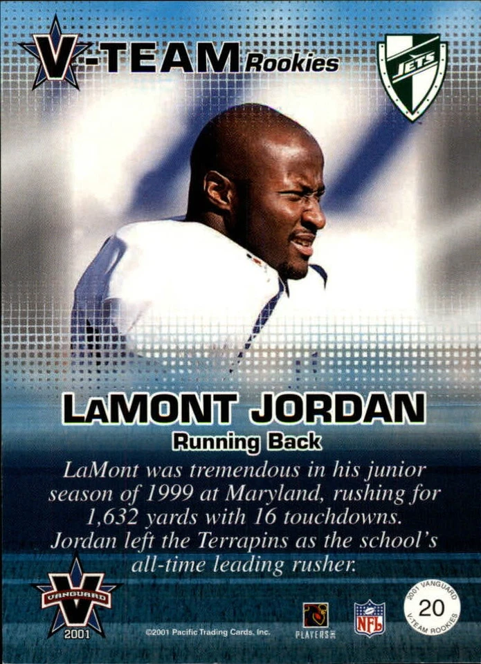 2001 Vanguard V-Team Rookies #20 LaMont Jordan /999 - FB - Image 2 of 2