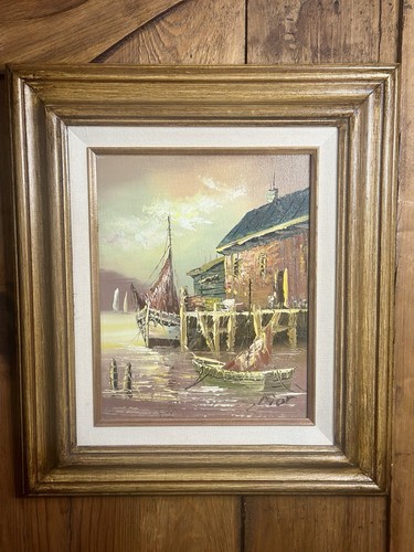Pintura náutica/paisaje marino enmarcada Dior firmada al óleo original de colección 14x16 - Imagen 14 de 22