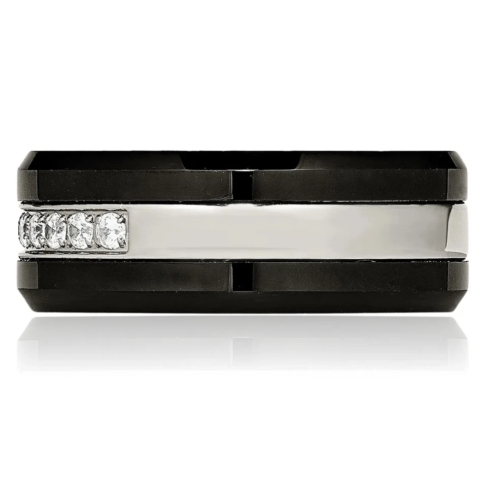 Anillo de boda de acero inoxidable con borde de circonita cúbica de cerámica negra Foto 2 de 4