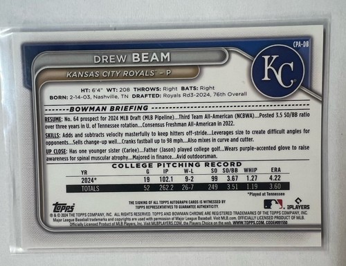 2024 Bowman Draft Chrome Drew Beam 1st True Blue Auto #D 60/150 - Bild 2 von 2