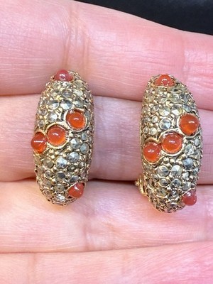 VTG Les Bernard signed Marcasite, cabochons terracotta color clip on earrings