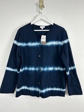 Pure Jill Cardigan Jacket Women Size Large L Navy Blue White Tie-dyed Pockets