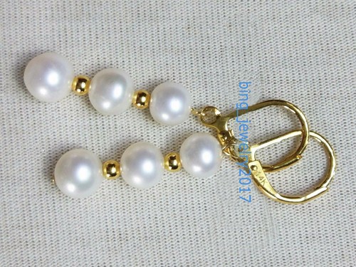 AAA 7-8 MM Real natural akoya white pearl earrings 14K yellow gold - Picture 5 of 6