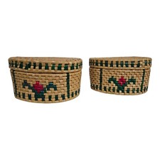 2 Woven Coil Straw Seagrass Basket/Lid Floral Oval Southwest Boho