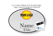100 SILVER OVALS NAME BADGES FULL COLOR 2 LINES OF IMPRINT MAGNETIC FASTENER
