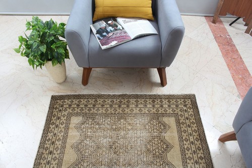 4x7 Vintage Oriental Traditional Hand Knotted Wool Beige Mute Geometric Area Rug - Picture 7 of 11