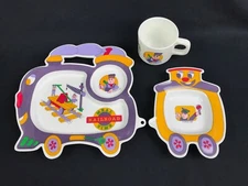 Vintage 1994 Oneida Railroad Meal Time 3 Pc Set Melamine Childs Plate Bowl Cup