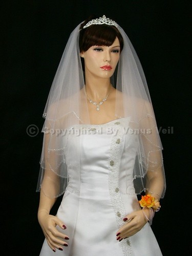 2T White Wedding Bridal AB Crystal Beaded Scallop Veil - Picture 2 of 5