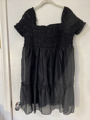 NWT DIVIDED By H&M Black Solid Sheer Dress Sz Large Lined Tiered ￼￼