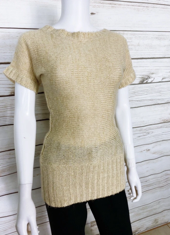 Top tejido Derek Heart para mujer talla S beige con brillo dorado manga corta pulóver Foto 2 de 4