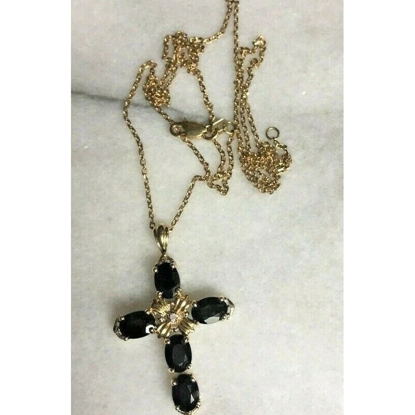 14KT YELLOW GOLD 4 CT SAPPHIRE & DIAMOND CROSS NECKLACE SKY - Image 3 of 4