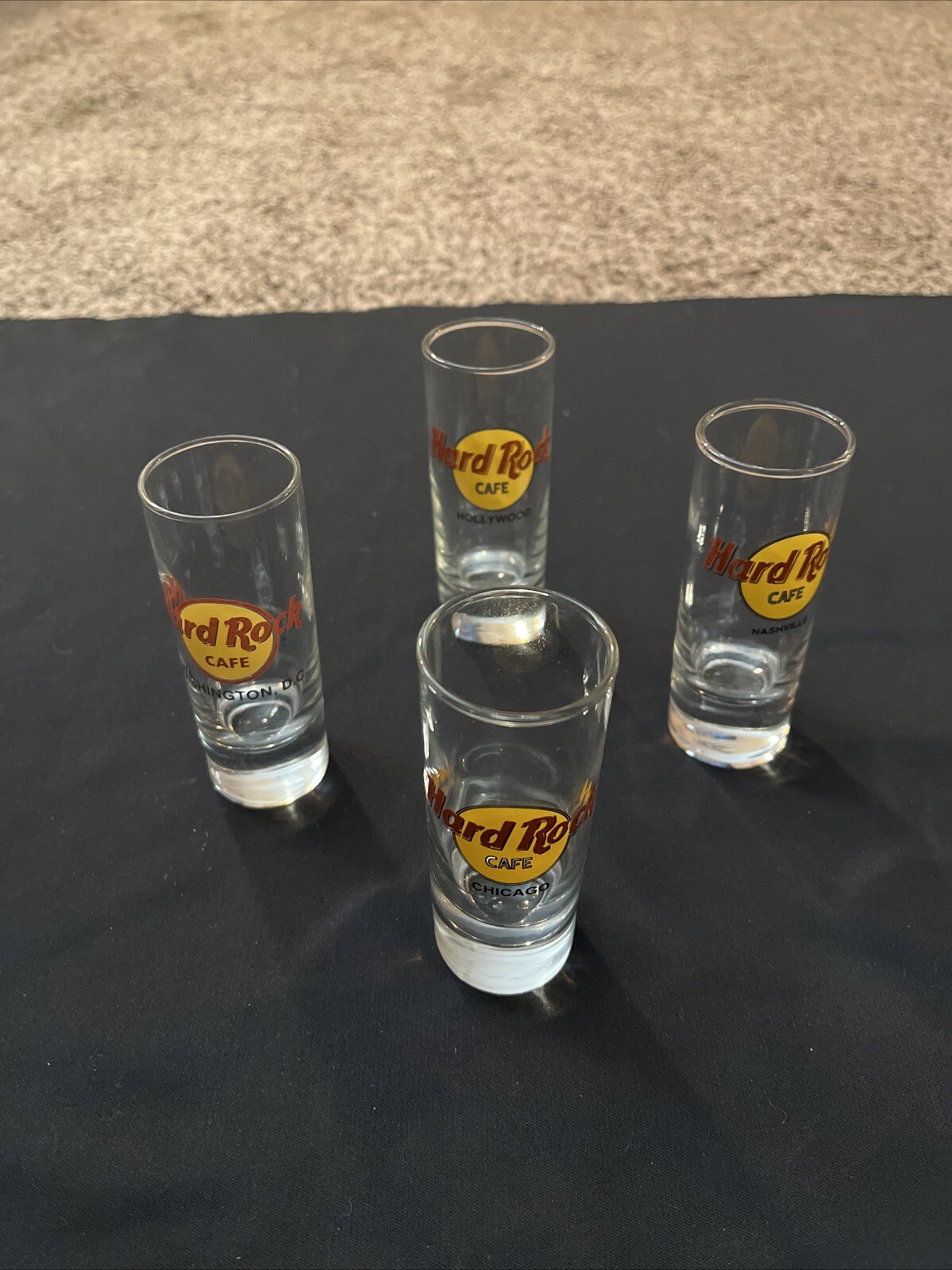 4-Hard Rock Cafe Tall Shot Glasses Chicago, Nashville, Hollywood, Washington DC