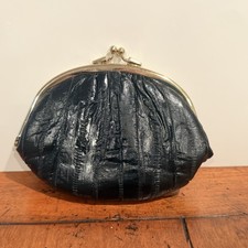 Vintage Genuine Eel Skin Double Kiss Lock Small Evening Purse Clutch Black
