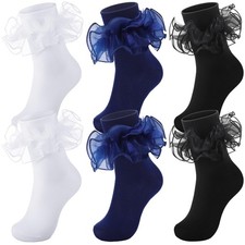 Geyoga 3 Pairs Women Big Ruffle Socks Turn Cuff, 5-9, White, Navy Blue, Black