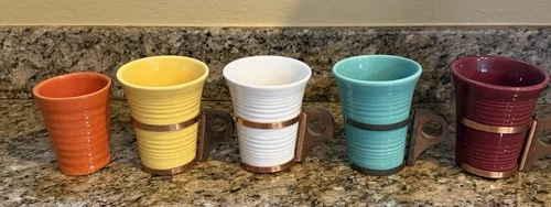 Vintage BAUER Pottery Monterey tumblers w/ Zarf Copper Holders 5 +Bonus! Look!