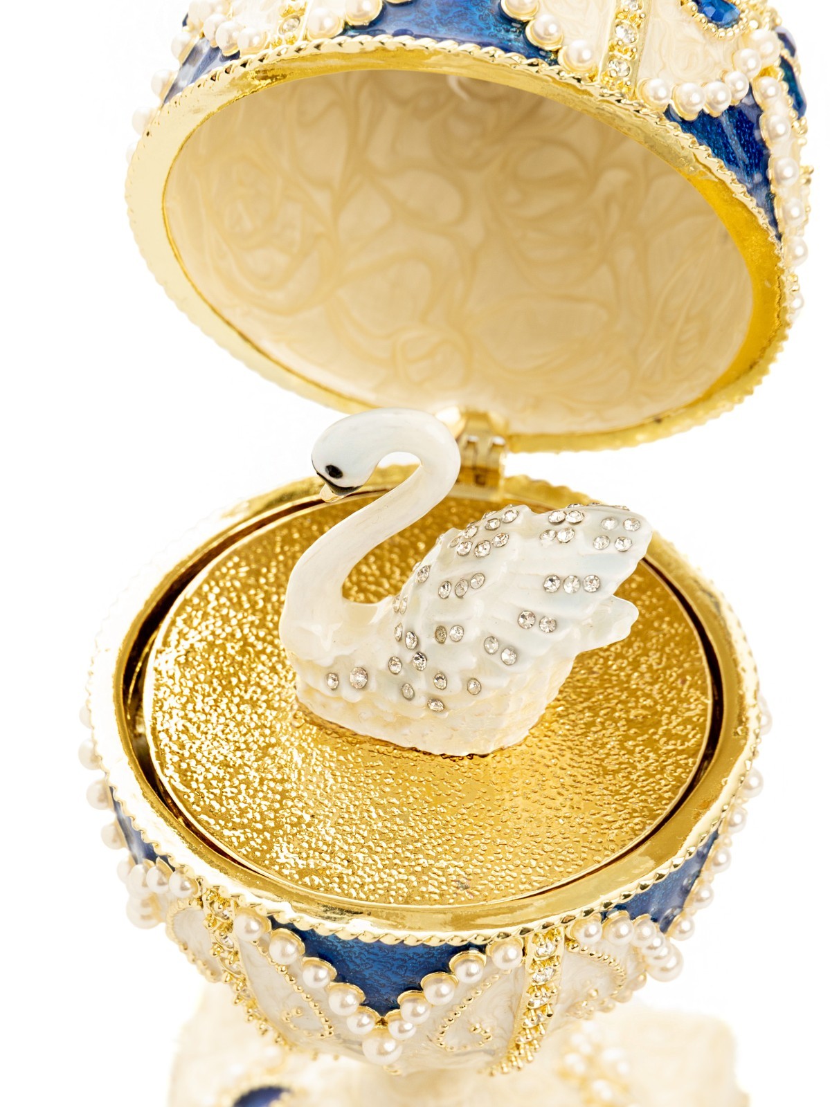 Keren Kopal Pearl Egg with Swan Trinket box Decorated with Austrian Crystals