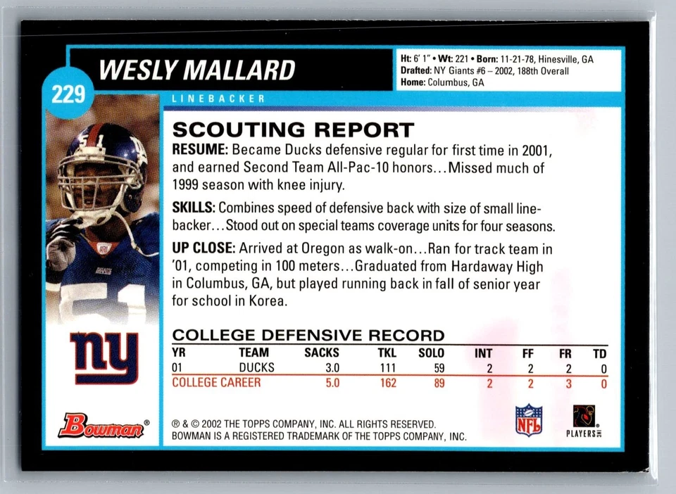 2002 TOPPS BOWMAN ROOKIE CARD # 229 Wesly Mallard - New York Giants - Image 2 of 2
