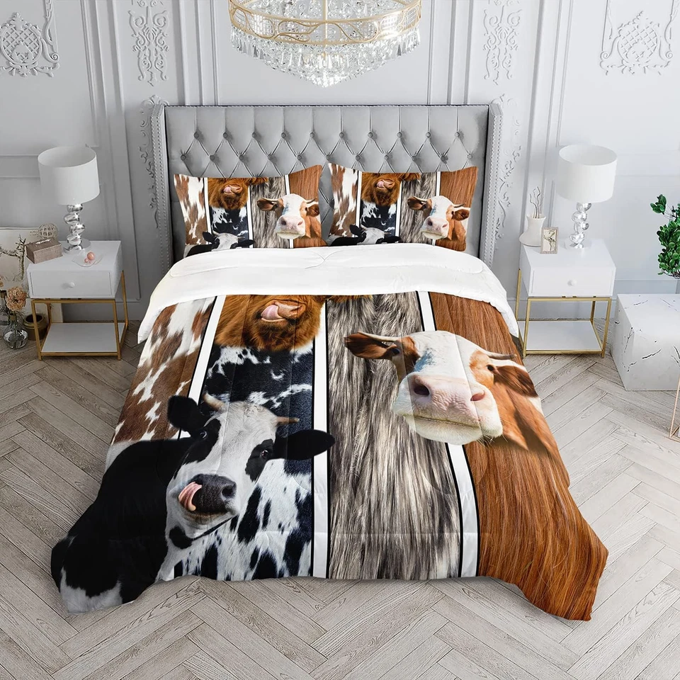 Juego de edredón estampado de piel de vaca tamaño queen, edredón de piel de animal de granja occidental para Foto 2 de 4