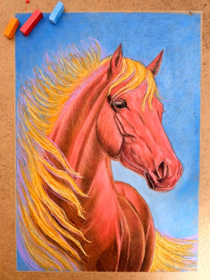 Retrato de caballo rojo dibujo pastel A3 arte realista del zodiaco espíritu equino Foto 4 de 4