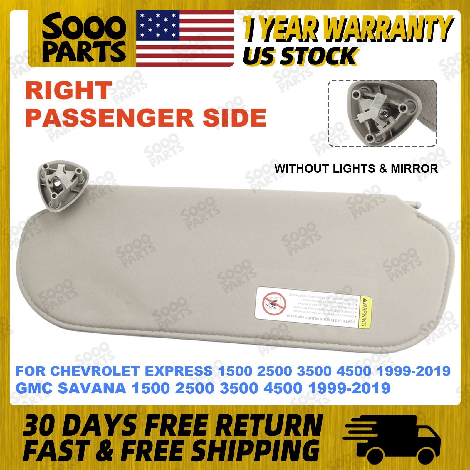 Right Side Sun Visor w/o Mirror Light For 1999-2019 Chevrolet Express GMC Savana