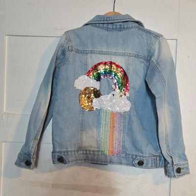 Lola + The Boys blue denim jean jacket sequin rainbow back collared Kids 6