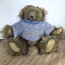 Vintage Handmade Mohair Brown Plush Teddy Bear w/Knit Sweater Moveable Limbs