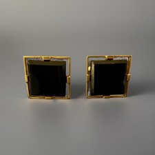 Vintage Cuff Links Black Square Formal Tuxedo Wedding Groom Goldtone