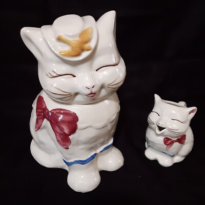COOKIE JAR PUSS N BOOTS AND MILK PITCHER  CERAMIC VINTAGE ANTIQUE  - REDUCED 