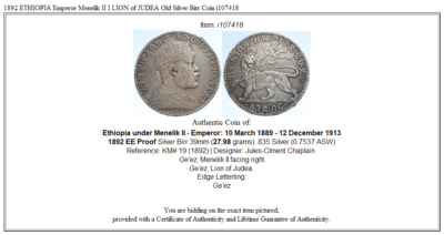 1892 ETHIOPIA Emperor Menelik II I LION of JUDEA Old Silver Birr