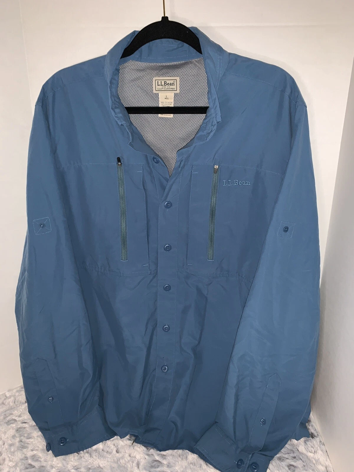 LL Bean Mens Sz L Outdoor Vented Button Up Long Sleeve Shirt Hiking Zip Pockets