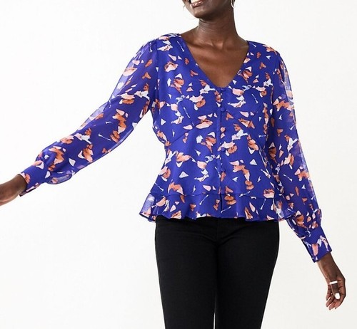 NWT NINE WEST PETITE XS PXS BLUE BUTTON FRONT V-NECK PINK IVORY PEPLUM  BLOUSE | eBay