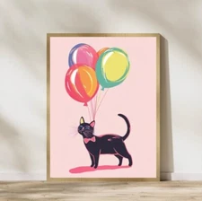 Pink Balloon Cat Printable Wall Art Preppy Pink Bedroom Decor