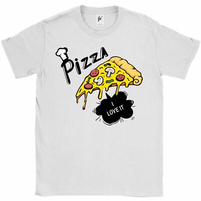 T-Shirt Uomo Pizza I Love It Con Fetta, Pepperoni E Funghi - Cotone 100% #DG