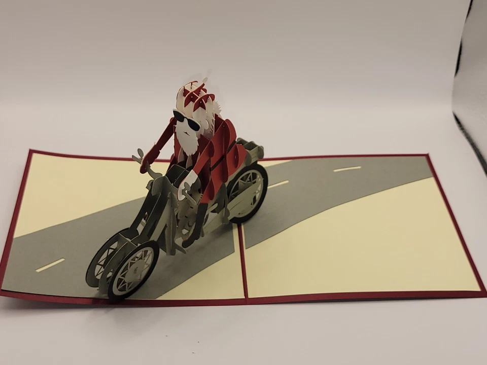 Pop Up Merry Christmas Santa on Motorcycle Greeting Card  #65 - Image 4 of 4